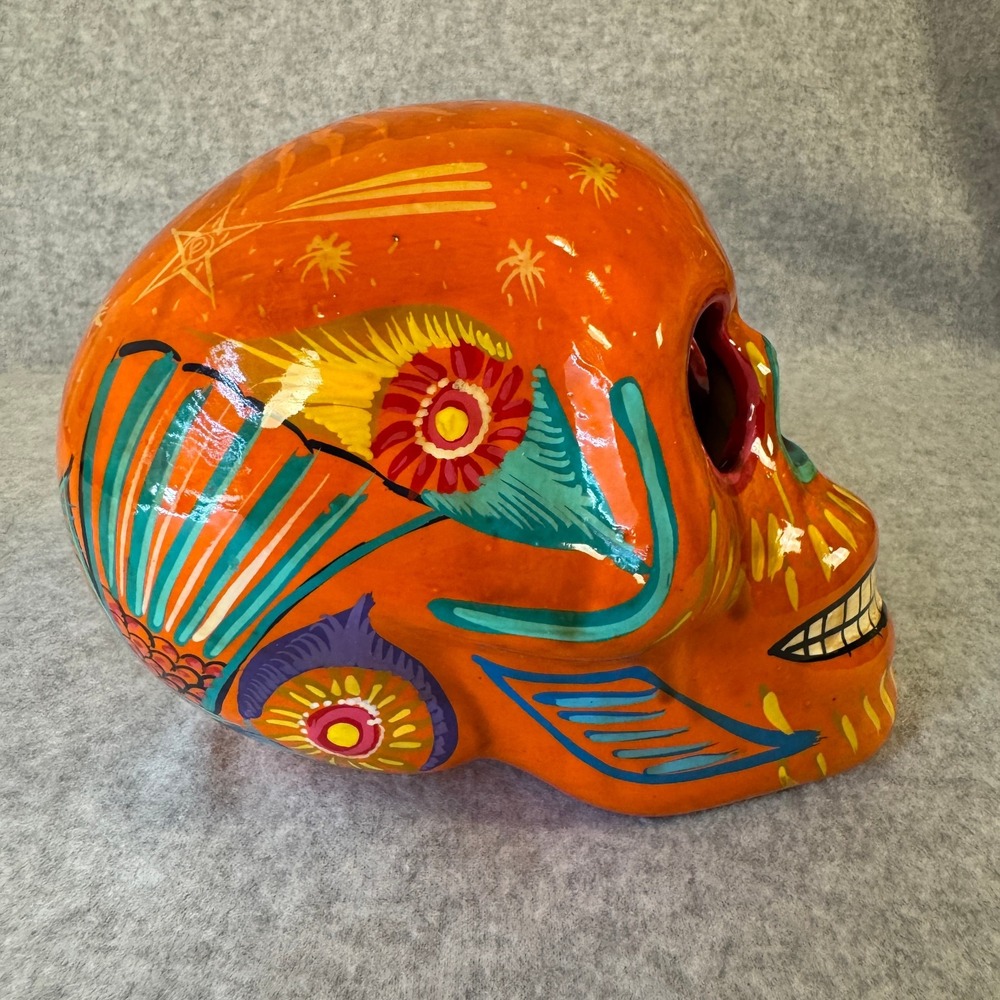 Hand Painted Day Of The Dead Orange White Green Yellow Skull Flowers Birds Stars - Picture 2 of 6